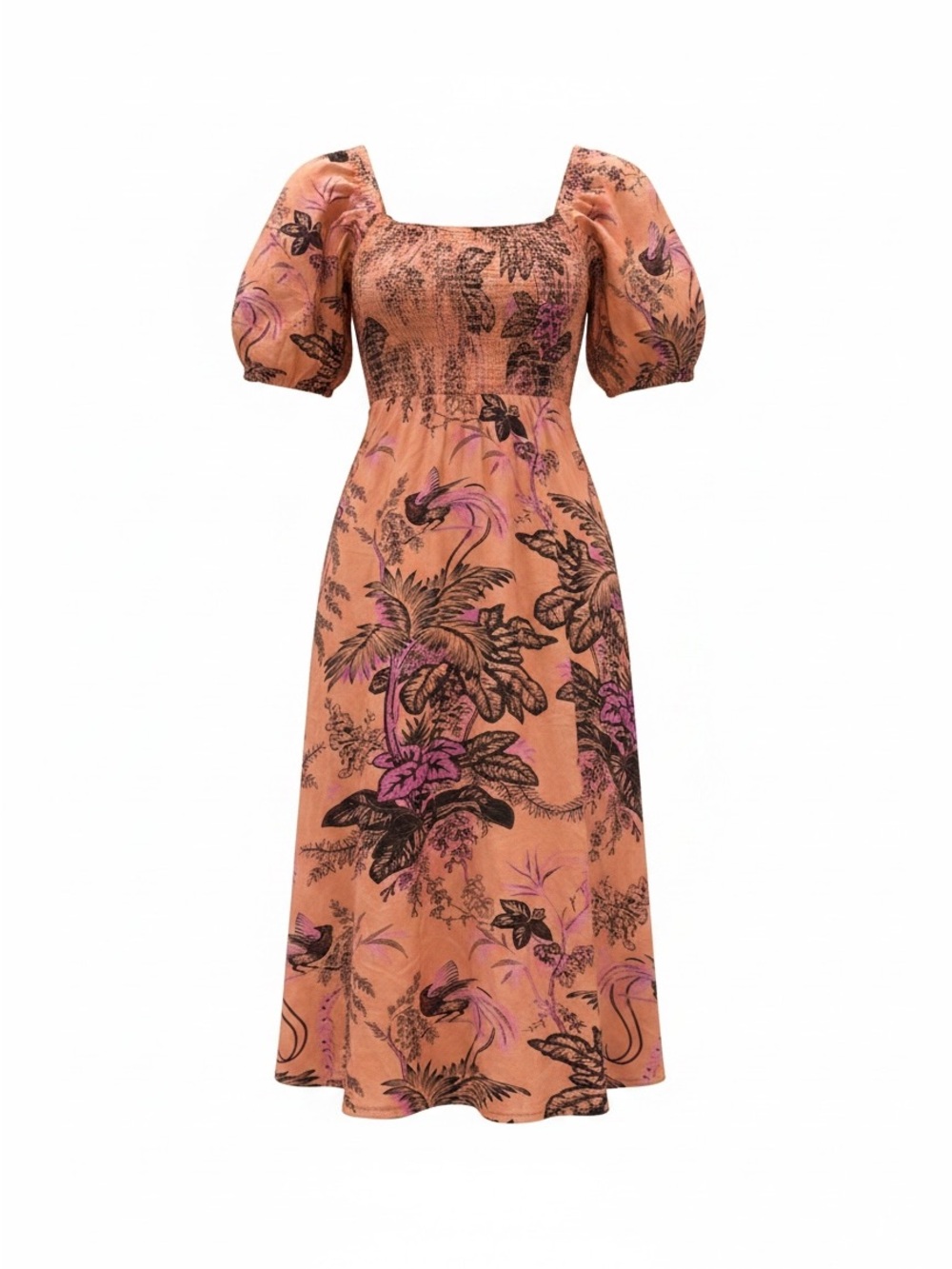 Smocked Square-Neck Midi Dress in Peach Floral by Anthropologie